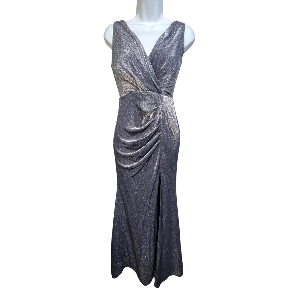 jo + el‎ Company Navy Silver Metallic Ruched V-Neck Maxi Gown Dress 7028 Small